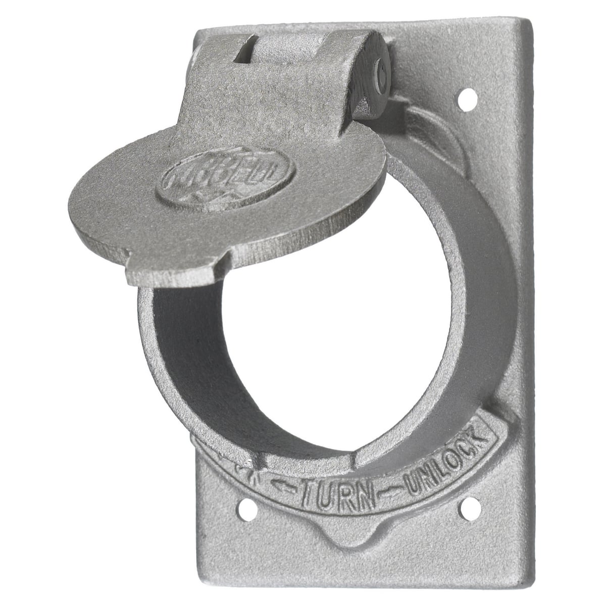 Wallplates and Boxes, Non-Weatherproof Covers, 1-Gang, 1) 50A Locking Opening, Standard Size, Cast Aluminum, With Lift Cover