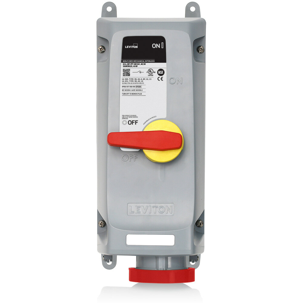60 Amp, 277/480 Volt 3-Phase, 4P, 5W, LEV Series North American-Rated IEC 60309-1 &, 60309-2 Pin &, Sleeve Mechanical Interlock, Industrial Grade, IP66/IP67/IP68/IP69/IP69K, Watertight, Non-Fused - Red
