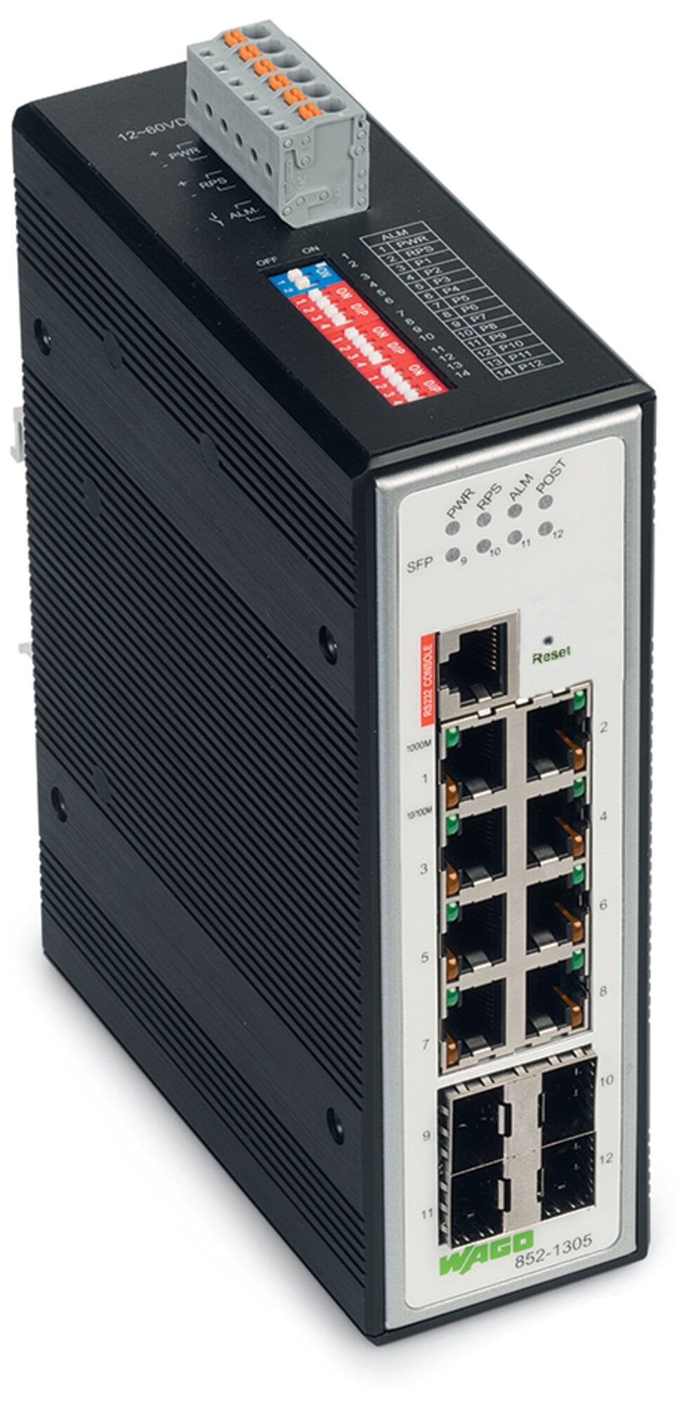 Industrial Managed Switch; 8 Ports 1000Base-T; 4-Slot 1000BASE-SX/LX; black metallic