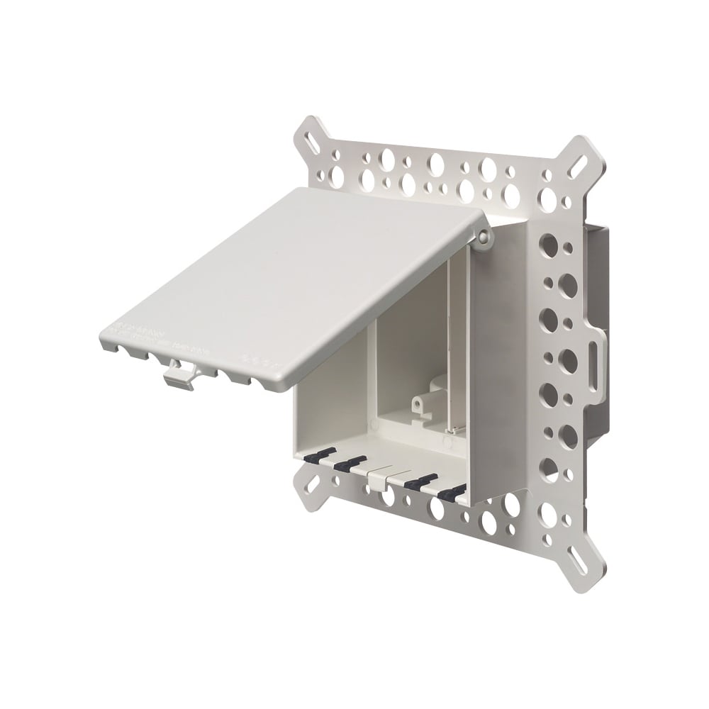 Low Profile Inbox for new construction for stucco, textured and rigid siding. Vertical with weatherproof while in use. Extra Duty white paintable cover. Two gang.