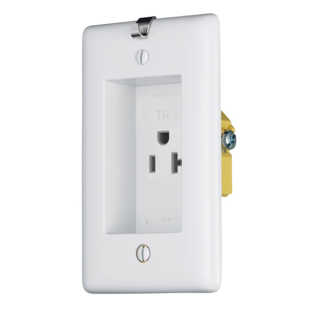 TradeSelect, Straight Blade, Single Receptacle, Clock Hanger, Tamper Resistant, 20A 125V, 2-Pole 3-Wire Grounding, 5-20R, White Plate