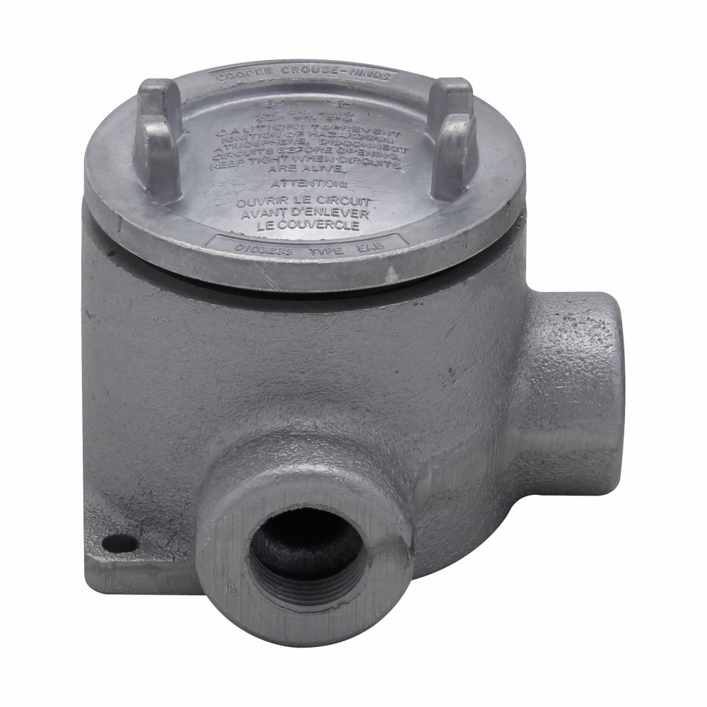 Eaton Crouse-Hinds series Condulet EAB conduit outlet box with cover, 3" cover opening diameter, Feraloy iron alloy, L shape, 3/4"