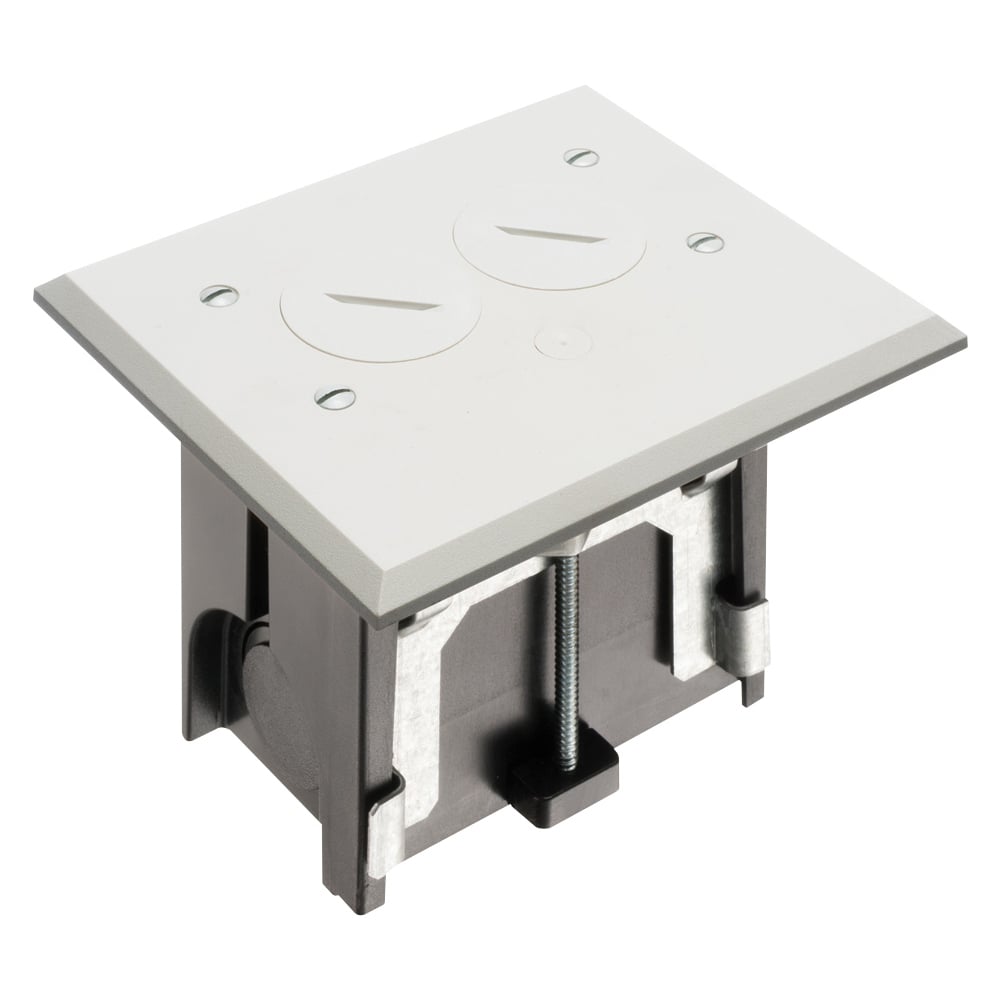 Non Metallic adjustable floor box. White with threaded plugs. Includes tamper resistant duplex receptacle, cover plate with gasket and Arlington NM94 connector and Arlington NM900 knockout plug.