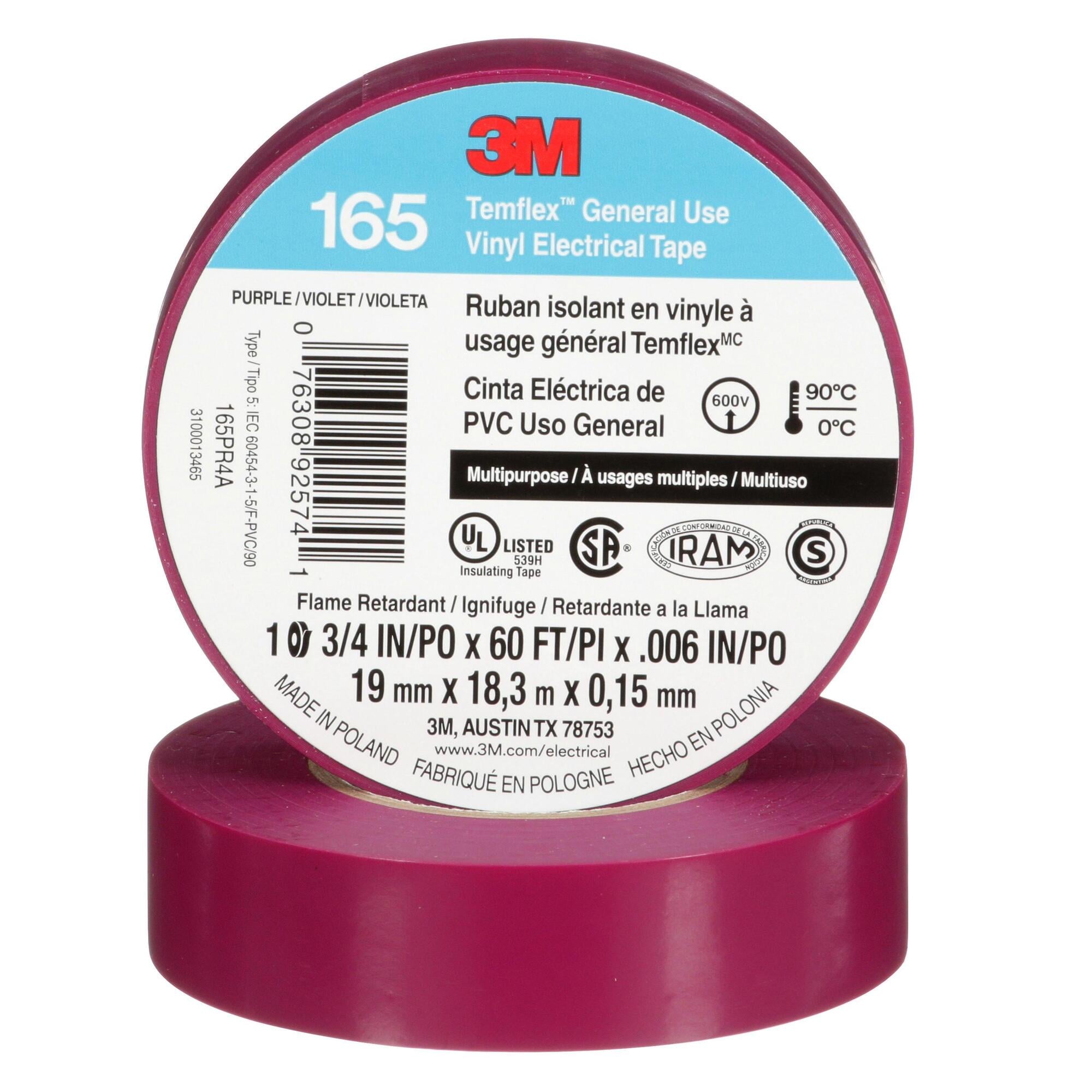 3M Temflex Vinyl Electrical Tape 165, Purple, 3/4 in x 60 ft (19 mm x 18 m), 100 Rolls/Case