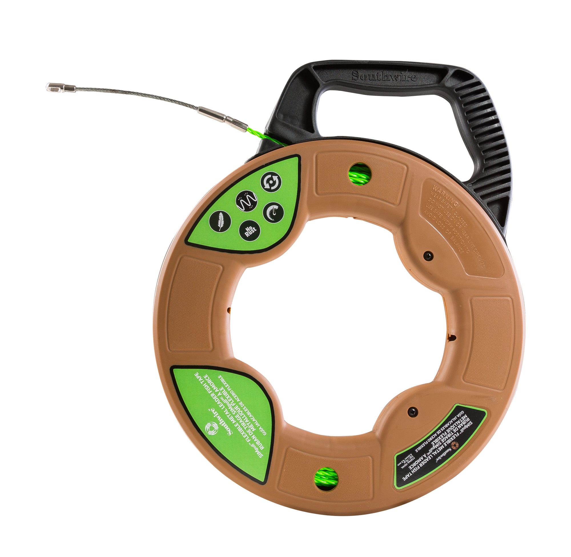 The SIMPULL Fish Tape 4.5mm 75 ft. Flexible Metal Leader, Large Case features spiral extruded polymer design reduces the amount of effort required to push or pull the fish tape through EMT or PVC conduit.