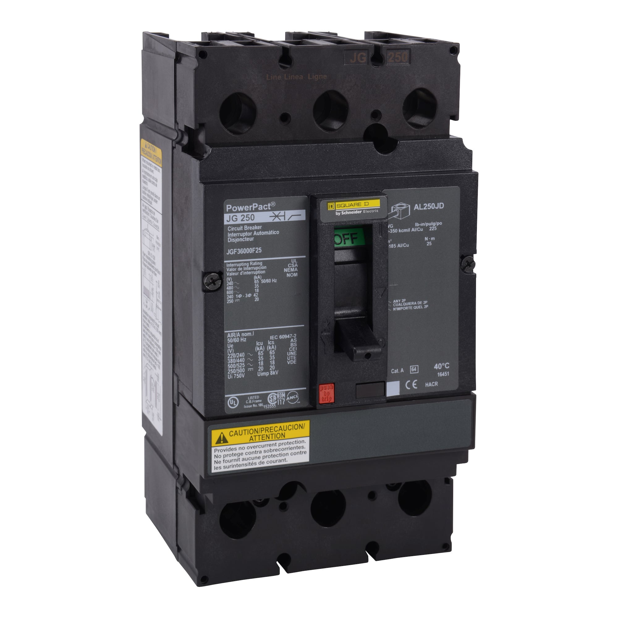 Circuit breaker, PowerPacT J, 250A, 3 pole, 600VAC, 18kA, busbar, thermal magnetic, 80%