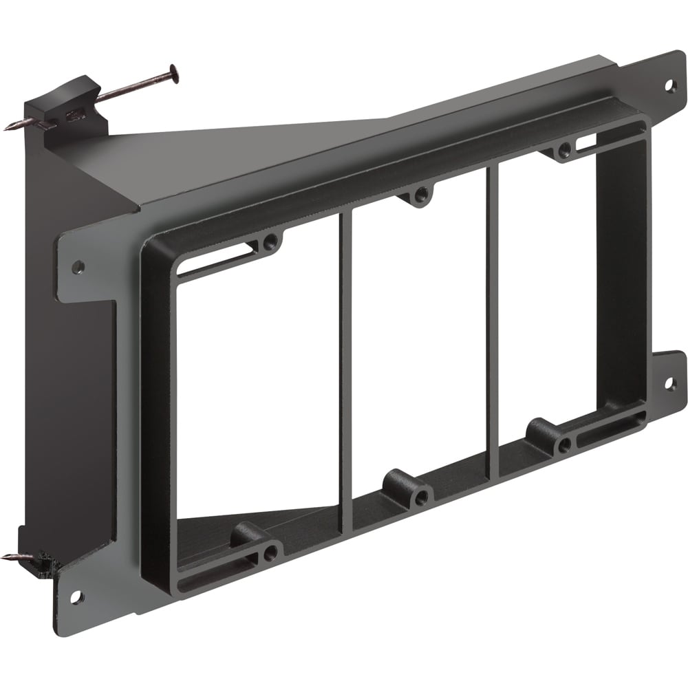 Nail on, Three gang, Low Voltage mounting bracket for new construction on wood studs. Built in loop to tie off cable.