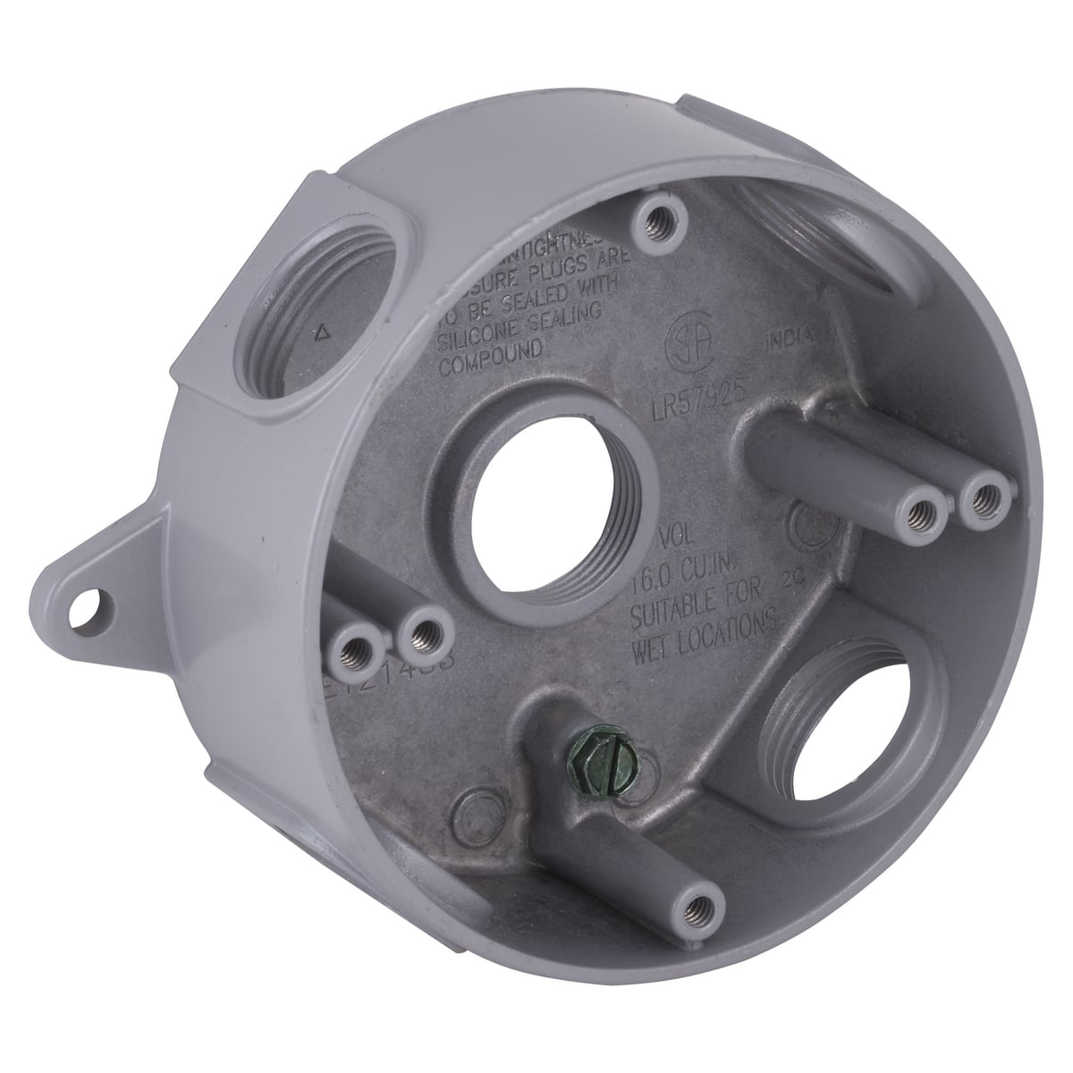 1-1/2 In. Deep - Gray Five Threaded 3/4IN Outlets - 4 In. Round SpliceBox