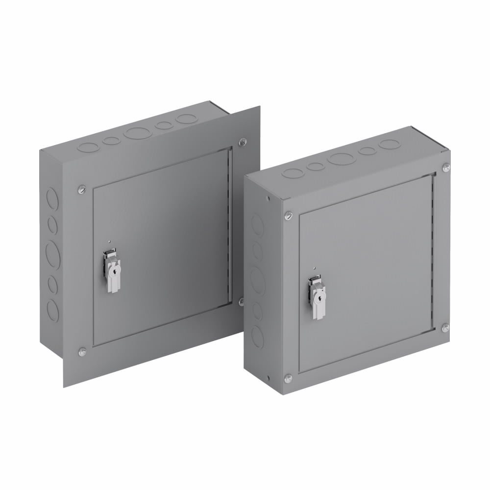 Eaton B-Line series utility enclosures, 24" height, 4" length, 12" width, NEMA 1, Hinged cover, TCF cabinet, Flush mounted, Medium single door, Thru holes, Carbon steel