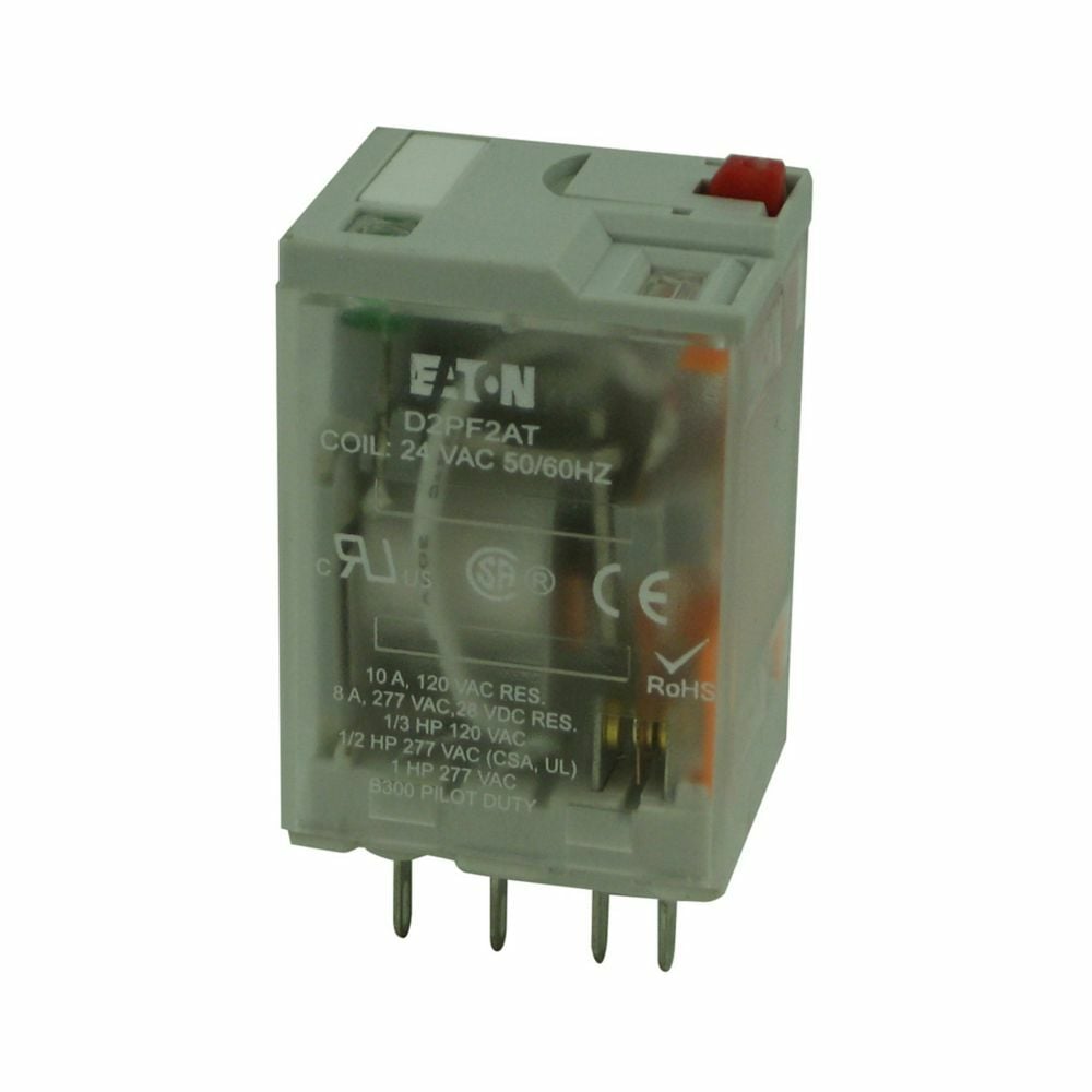D2 Series General Purpose Plug-In Relay, Full featured cover, 24V coil, 180 Ohms resistance, Plug-in terminal, DPDT contact configuration, 10A contact rating, Silver alloy contacts, IP40 enclosure