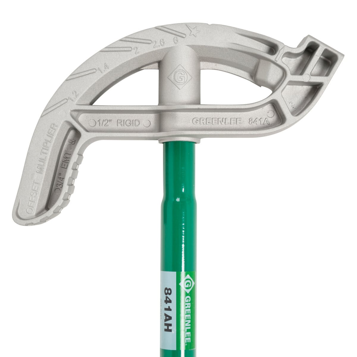 Site-Rite Aluminum Hand Bender Head with Handle for 3/4" EMT, 1/2" Rigid/IMC.  Sighting system featuring cast-in, readable markings on the bender heads and a finish that provides for the best visibility in low-light.  Strong, stable square hook design.  1-1/2" bender heads both offer the power pedal feature with a larger foot area on the head for greater control, stability and leverage.  Bender head has enlarged foot pedal and increased toe room to ensure greater control, stability and leverage.  Bender handle has a consistent diameter, offering a bigger grip area, while still straight up and down for fast 30 degree bends.  Lifetime Limited Warranty.