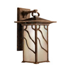 The incomparable trailing design of this wall lantern from the Morris collection reflects Southwest Mission style. Distressed copper finish along with the inside etched, iridescent -seedy glass will be admired time and again. 1-light, 100-W. Max. (M) Width 8in;, Height 15in;, Extension 9in;.  Height from center of wall opening 6in;. Back plate size: 4-3/4in; x 12in;. U.L. listed for wet location.