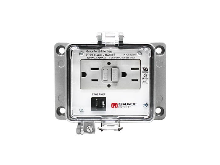 PANEL INTERFACE CONNECTOR WITH CATEGORY 5E RJ45, PANEL MOUNT HOUSING, UL TYPE 4, GFCI DUPLEX INSIDE-OUTLET W/O CIRCUIT BREAKER