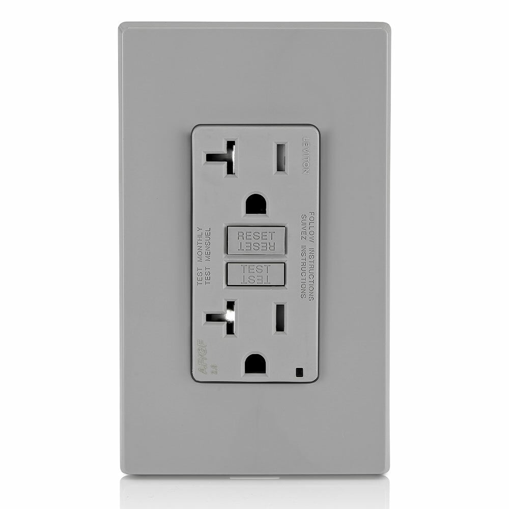 20 Amp, 125 Volt Dual Function AFCI/GFCI Receptacle, 20 Amp Feed-Through, Tamper-Resistant, Monochromatic, back and side wired, nylon wallplate/faceplate, screws and self-grounding clip included  Gray