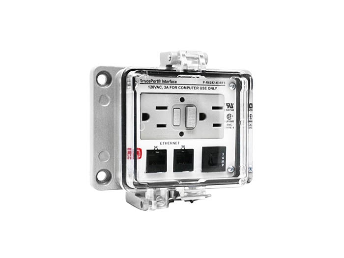 PANEL INTERFACE CONNECTOR WITH QTY 2 CAT 6 RJ45, PANEL MOUNT HOUSING, UL TYPE 4, UNIVERSAL INTERNATIONAL OUTLET, 3 AMP CB
