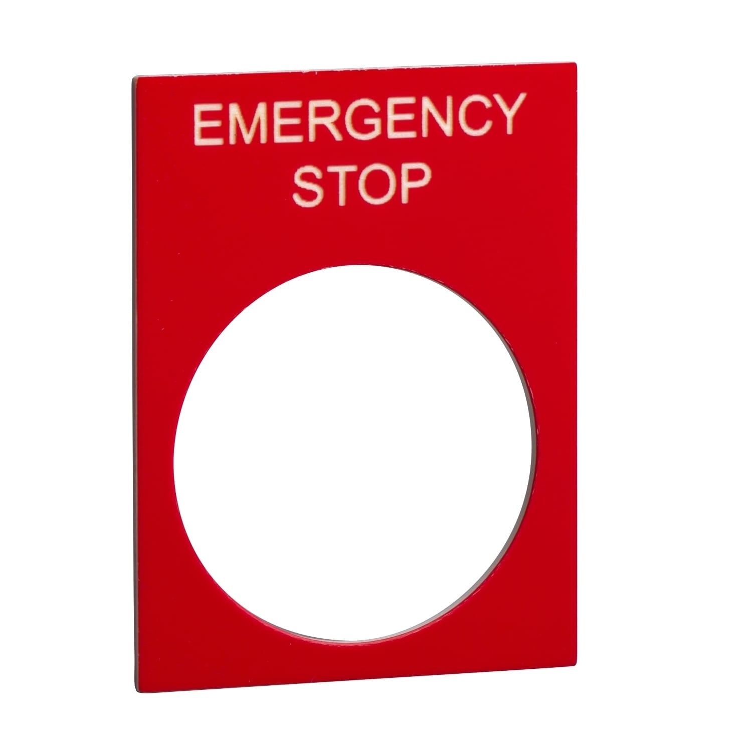 Marked legend, Harmony XAC, nameplate, 30 x 40mm, plastic, red, 22mm push button, white marked EMERGENCY STOP