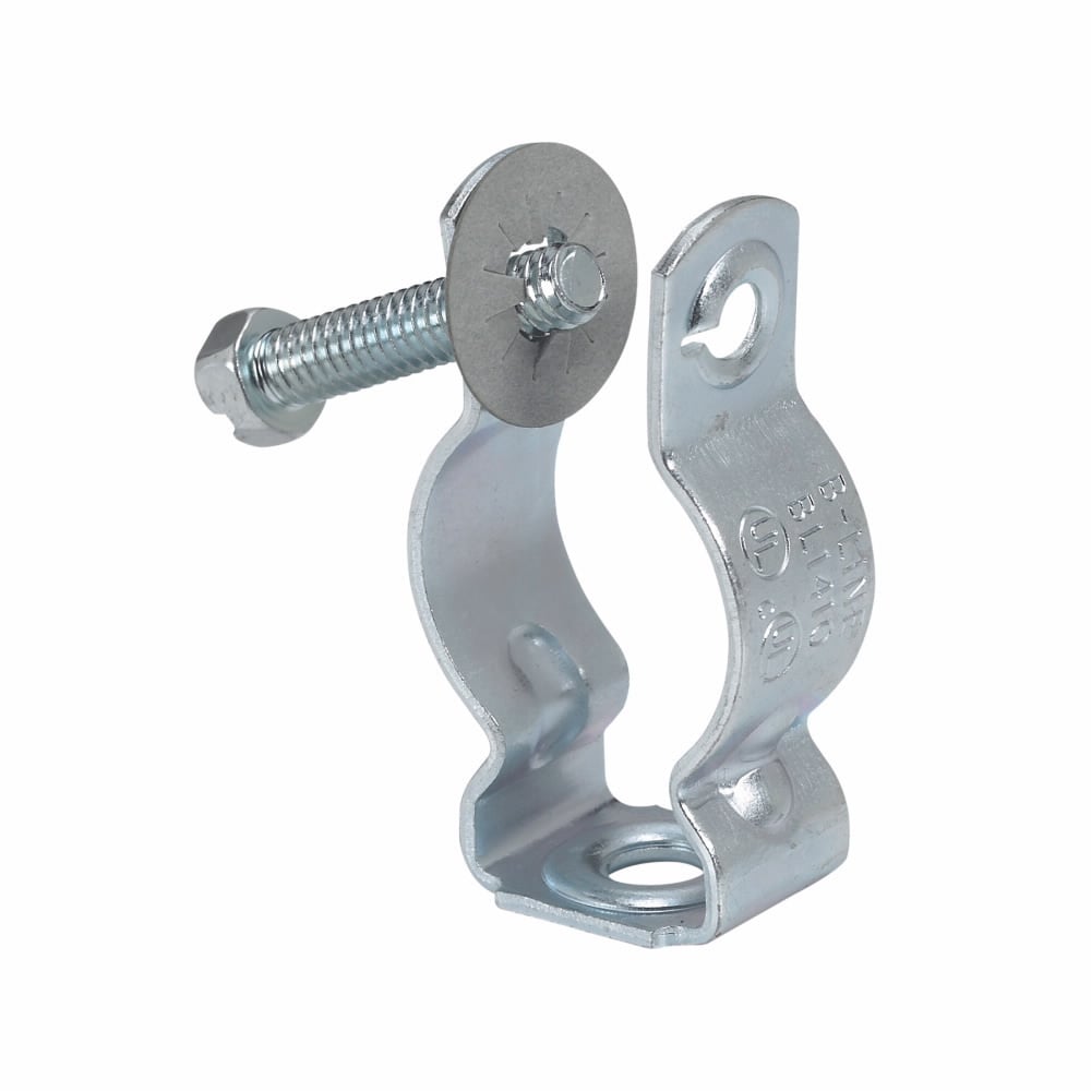 Eaton B-Line series conduit support fasteners, Conduit and cable, 0.08lbs, Trade size: 2, Conduit size: 1" EMT, 1" Rigid, Conduit hangers, .5" Min, 4" Max mount size, 400 lbs load capacity, Conduit hangers, Zinc plated