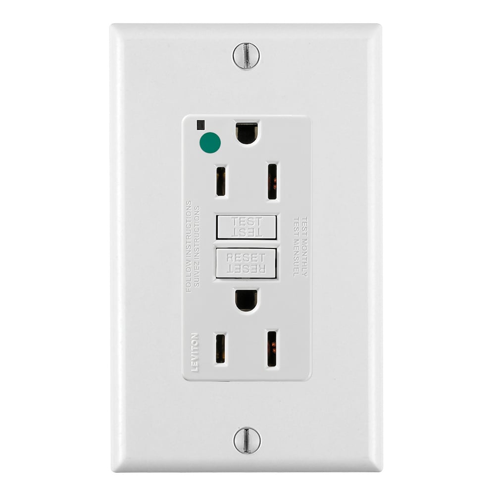 15 Amp, 125 Volt, SmartlockPro Slim Self-Test GFCI Receptacle, Extra-Heavy Duty Hospital Grade, NEMA 5-15R, 20A Feed-Through, 2P, 3W, Matching Wallplate Included - WHITE