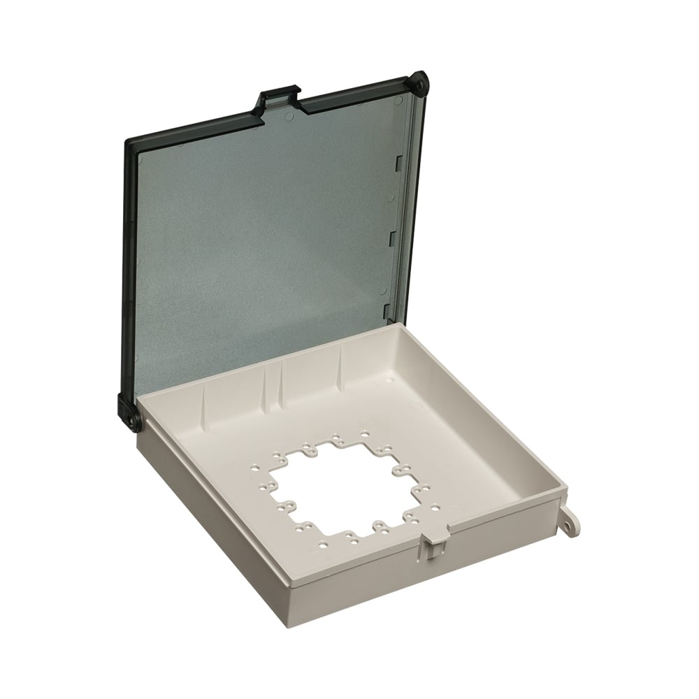 Weatherproof non metallic keypad enclosure. With paintable clear cover. Inside dimensions 7-1/2"x7-1/2"x1-1/2".