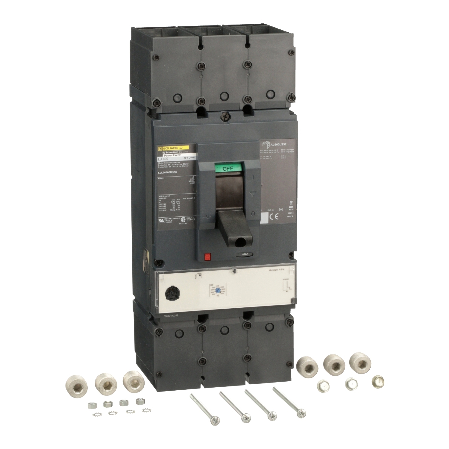 Motor circuit protector, PowerPacT L, 600A, 3 pole, 600VAC, 50kA, lugs, MicroLogic 1.3M, 80%