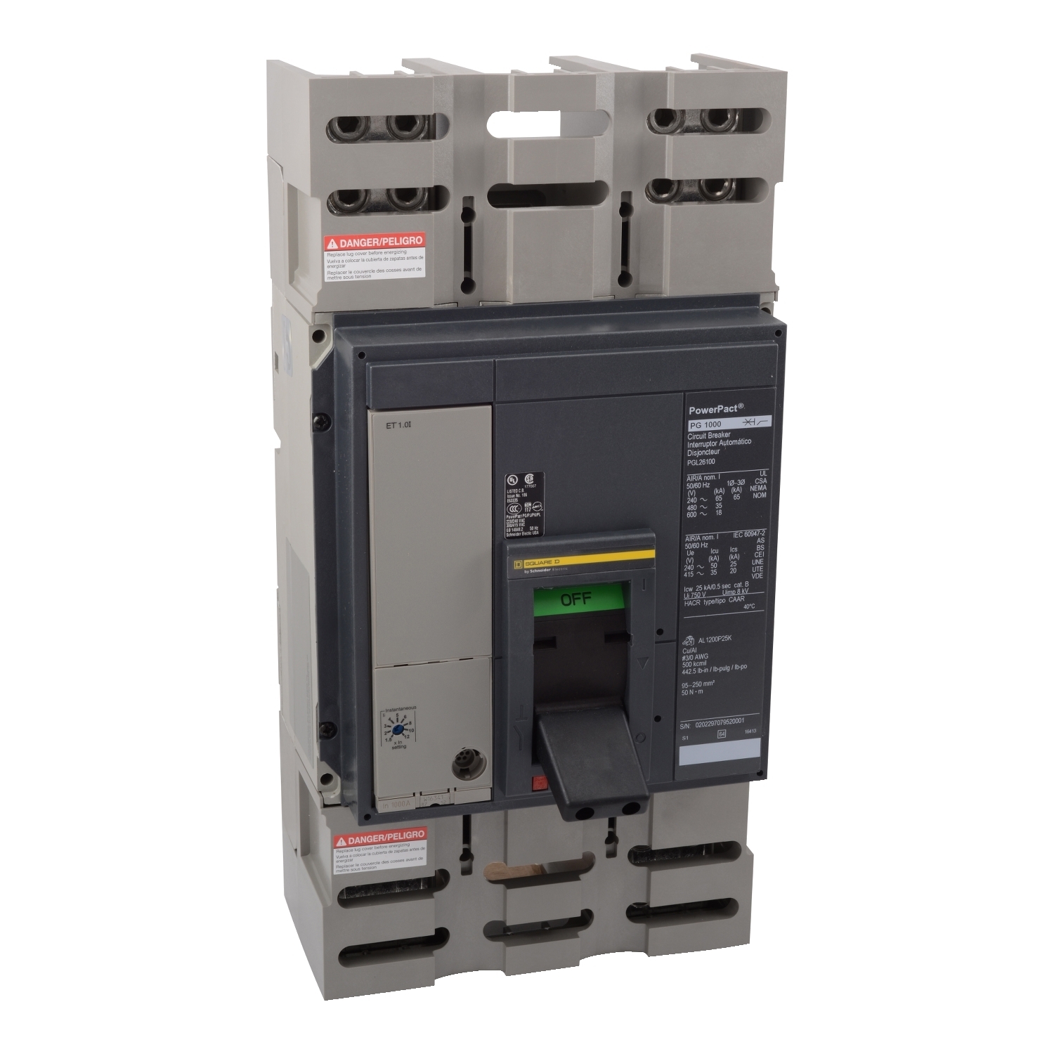 Circuit breaker, PowerPacT P, 1200A, 3 pole, 600VAC, 18kA, lugs, Micrologic 6.0A, 100%