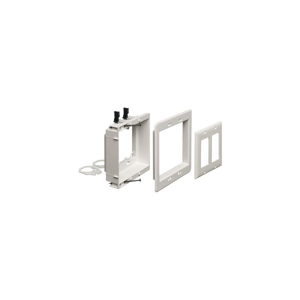Recessed low voltage mounting bracket for old or new construction. Designed to install low voltage class 2 wiring only. White Paintable. Two gang.
