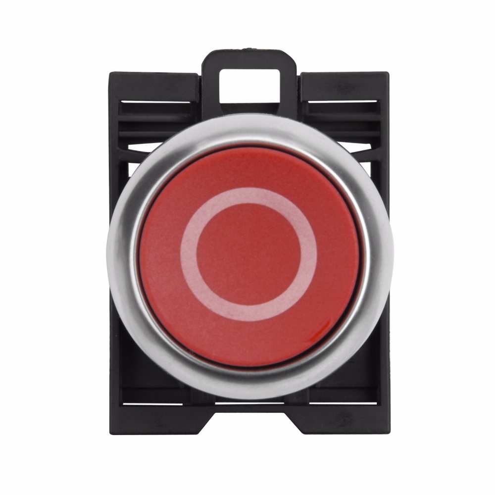 Eaton 22.5 mm RMQ-Titan Pushbutton,Etching: X0,Red Actuator,Silver bezel,IP67, IP69K,Non-illuminated,Flush mounting,NEMA 4X, 13,5,000,000 operations,Momentary,22.5 mm,Flush Pushbutton,M22