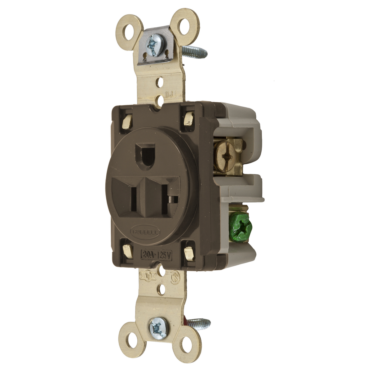 Straight Blade Devices, Receptacles, Single, Industrial Grade, 2-Pole 3-Wire Grounding, 20A 125V, 5-20R, Brown, Single Pack, Ring Terminal Mod.