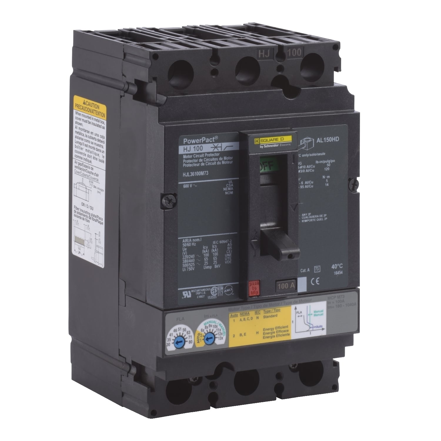 HJL36100M73 Motor Circuit Breaker, 100 Amp, 3 Pole, 600V