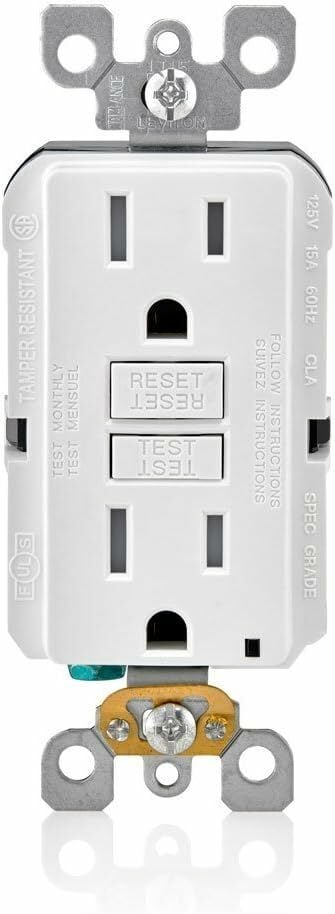 Self-Test Tamper Resistant GFCI Receptacle. Nema 5-15R 15A-125V @ Receptacle, 20A-125V Feed-through, W/mounting Screw, And Self-ground Clip Less Wallplate, Pkd: 3/see Pack - White W/White Test And Reset Buttons