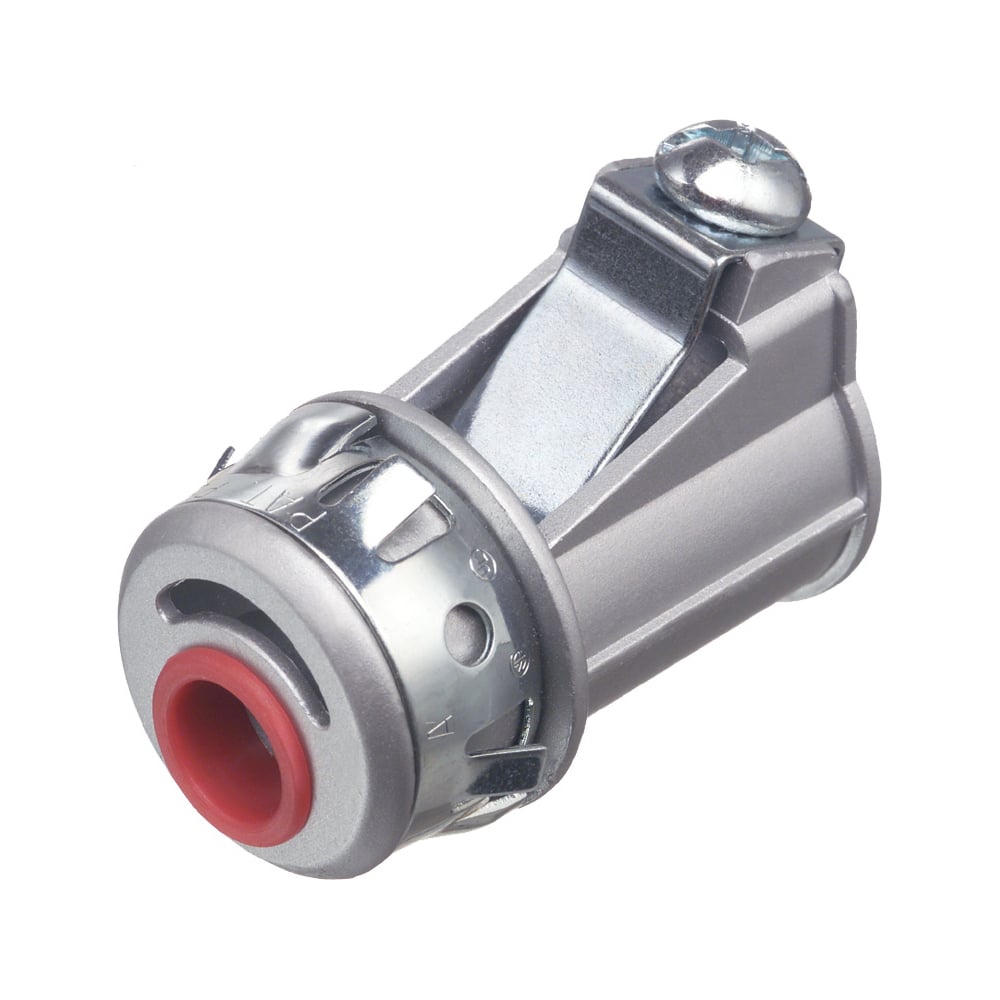 Zinc die-cast, 1/2" Knockout MC cable connector snaps quickly on to the conduit with a removable screw in spring steel clip and then snaps into knockout with external spring steel clip, no tools required. Concrete tight when taped. Red tinted internal clip indicates easier insertion of conduit and comes with Insulated throat.