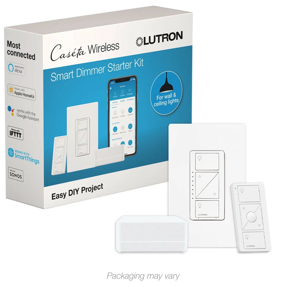 Lutron Caseta Wireless Smart Lighting Dimmer Switch Starter Kit.  Includes all necessary components to setup a single room for dimming. Kit contains 1 In-wall dimmer with faceplate, 1 Smart Bridge, and 1 Pico remote control