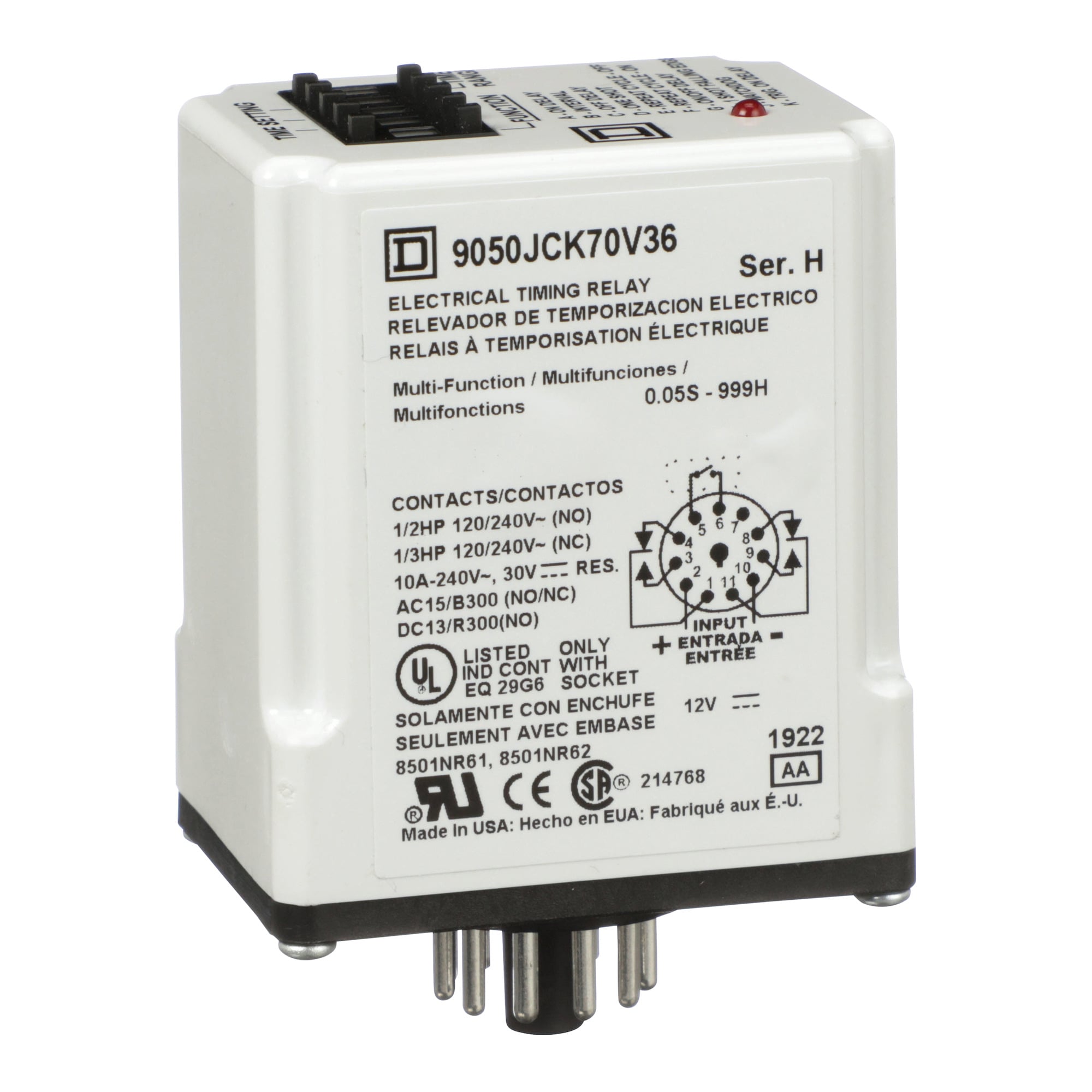 Timing Relay, Type JCK, plug In, multifunction, programmable, 0.5 second to 999 hours, 10A, 240 VAC, 12 VDC
