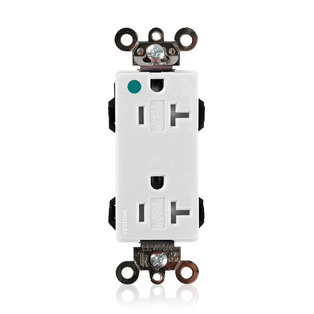 20 Amp, 125 Volt, Decora Plus Duplex Receptacle, Tamper-Resistant, Straight Blade, Hospital Grade, Self Grounding, Lev-Lok, White