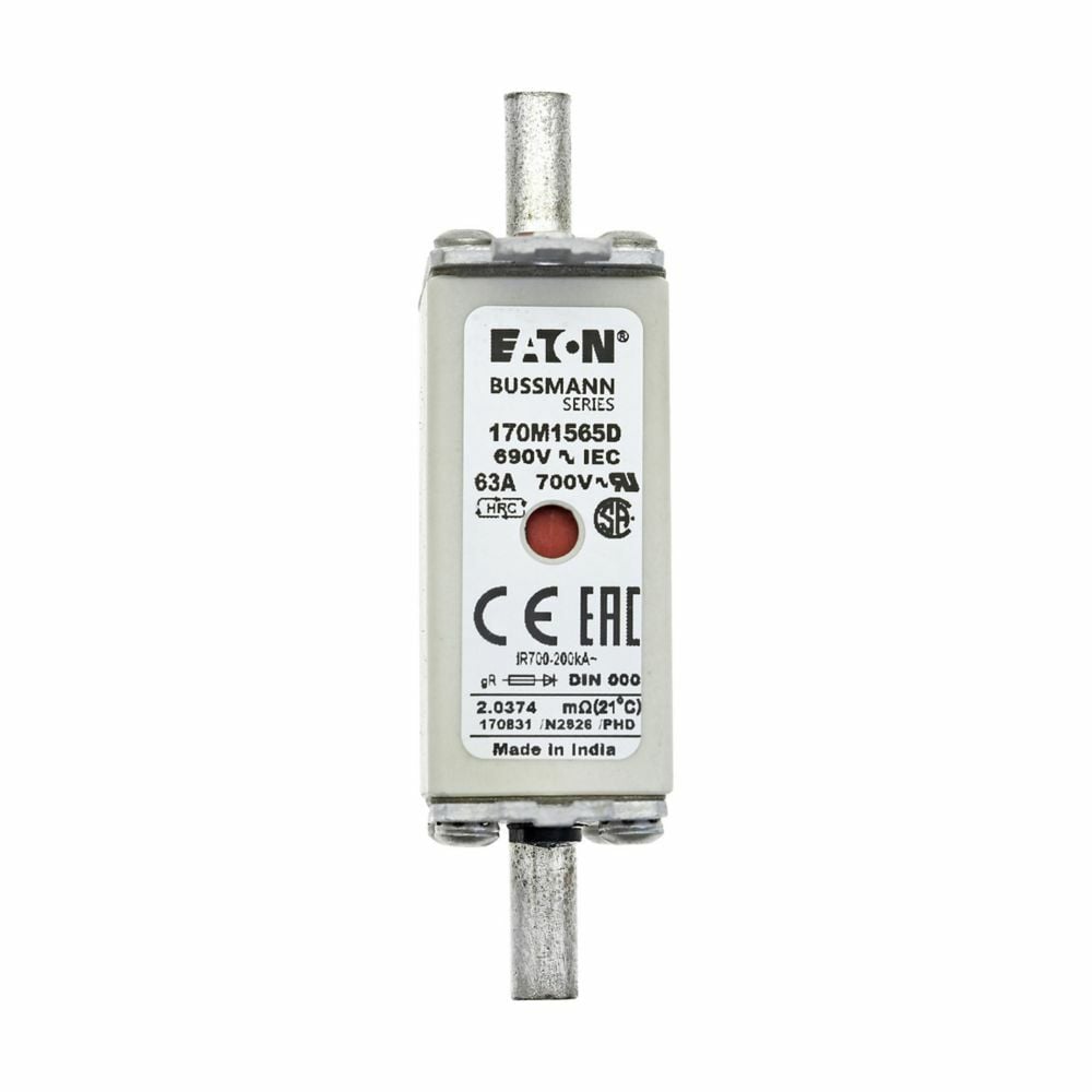 Eaton Bussmann series high speed square body fuse, 690V (IEC), 63A, 200 kAIC, Combination fuse status indicator, Fuse, Din 43-620 blade end X Din 43-620 blade end, Class gR