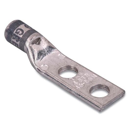 Copper Two-Hole Lug, Standard Barrel, Peep Hole, Max 35kV, Wire Size #4 AWG, 5/16 Inch Bolt Size, 1 Inch Hole Spacing,Tin Plated, Die Color Code Gray, Die Code 29