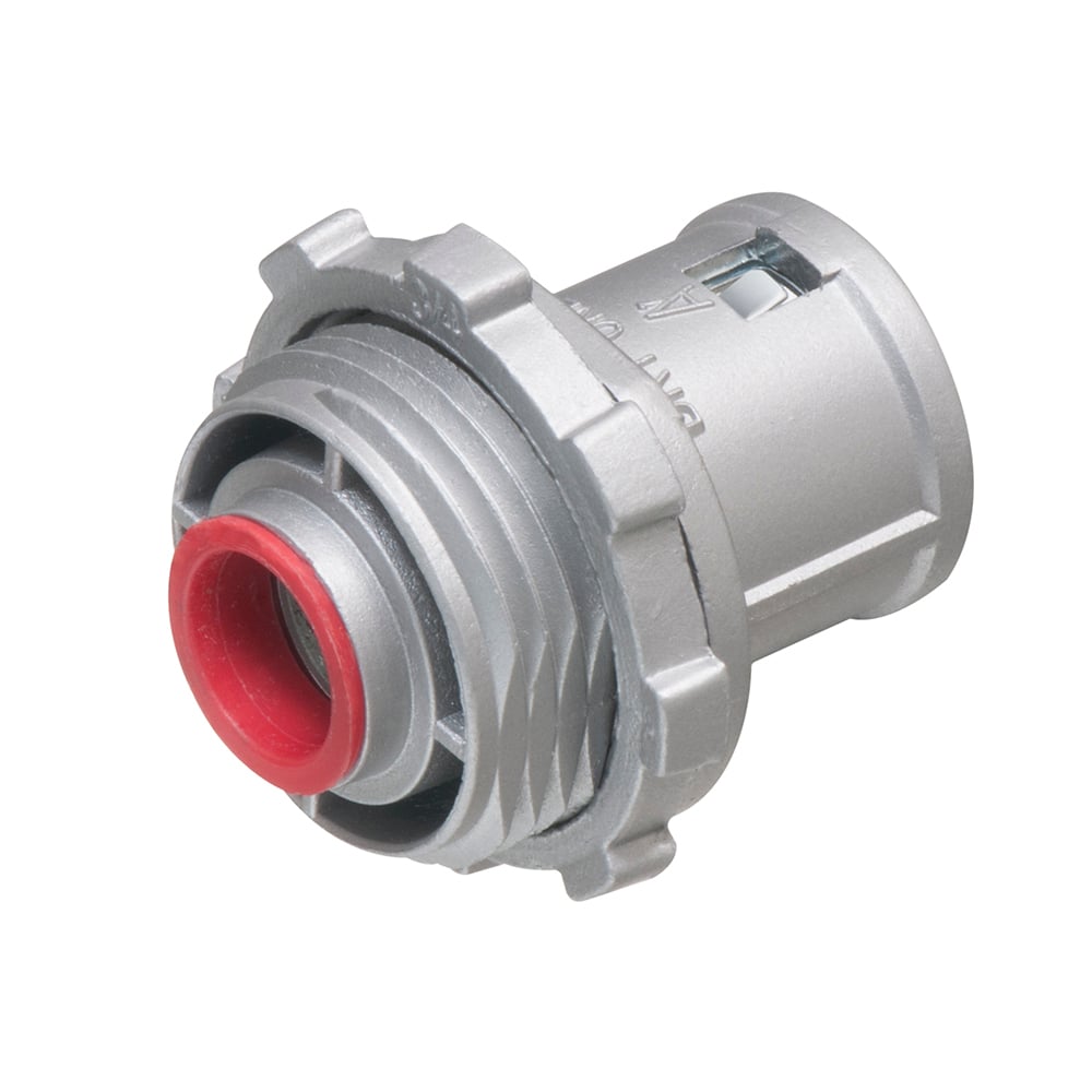 Zinc die-cast, 3/4" Knockout MC cable connector uses a locknut to secure the fitting into knockout with an internal spring steel clip. Concrete tight when taped.