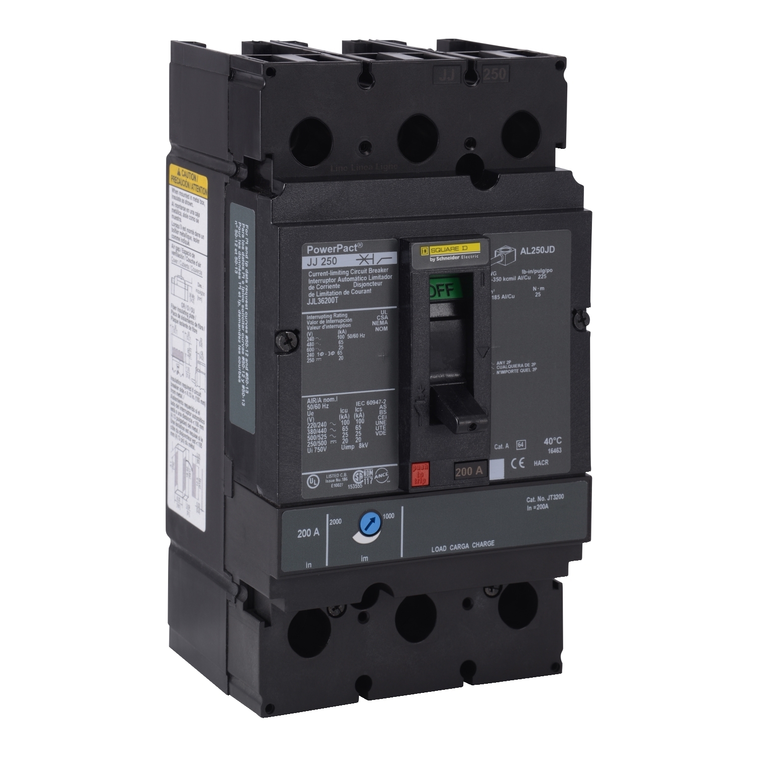 Circuit breaker, PowerPacT J, 250A, 3 pole, 600VAC, 25kA, lugs, thermal magnetic, 80%, interchangeable trip units