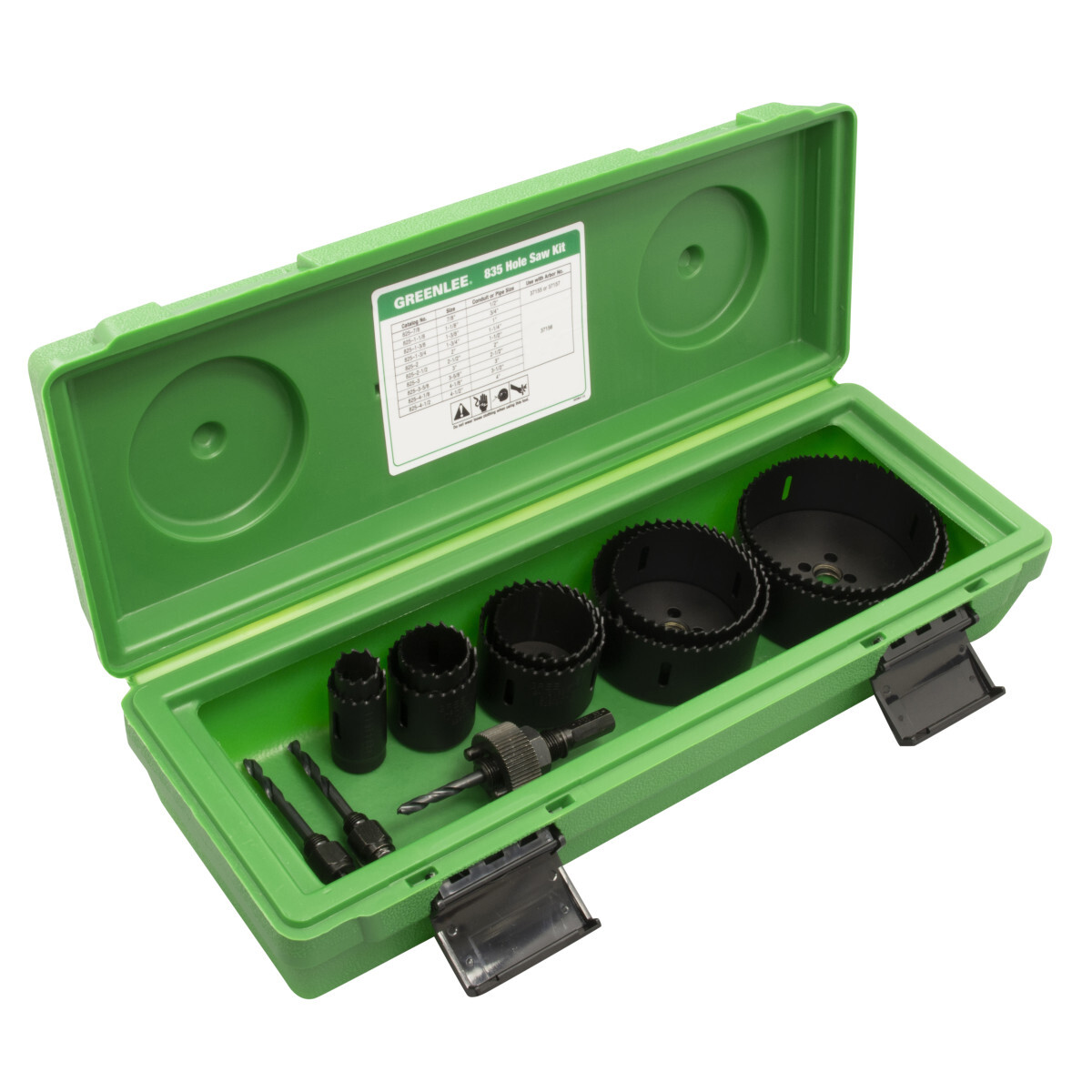 Bi-Metal Hole Saw Kit for 1/2" - 4" Conduit Sizes.  Several electrician's kits available providing an assortment of the most commonly used Greenlee variable pitch hole saw sizes and arbors.  High-impact, rugged plastic carrying case.  Each kit includes three hole saw stops.