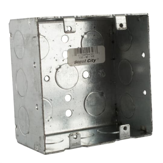 Two Gang Device Box, 30.3 Cubic Inches, 4 Inch Square x 2-1/8 Inch Deep, 1/2 and 3/4 Inch Knockouts, Galvanized Steel, Welded Construction, For Use with Conduit