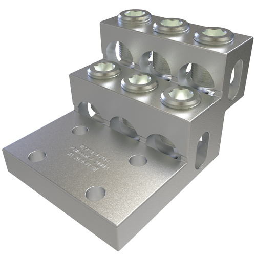 Aluminum Panelboard Lug, Heavy Duty, Dual Rated, Conductor Range 750-2, 6 Ports, 4 Holes, 3/8in Bolt Size, 1-3/8in Hole Spacing, Tin Plated, UL, CSA