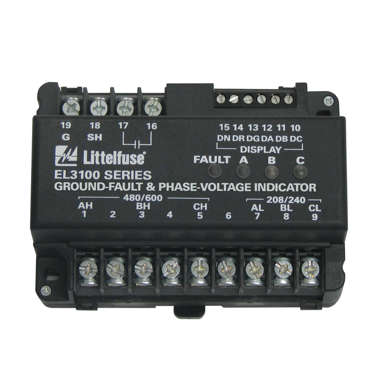 Operates on AC ungrounded systems. The EL3100 is a self-powered ground-fault and phase voltage indication system for 3-phase systems. The EL3100 meets the National Electrical Code (NEC, Article 250.21(B)) and the Canadian Electrical Code (CEC) requirements for ground detectors for ungrounded alternating-current systems. Voltage connections are provided on the EL3100 for 208, 240, 480, and 600-V systems. Three green LEDs on the EL3100 indicate the presence of phase-to-ground voltage and one red LED indicates a ground fault. The EL3100 can operate stand-alone or with up to five remote LED indicators. A solid-state relay output provides indication of a ground fault. The output relay is closed when the 3-phase neutral voltage shifts as the result of ground leakage.