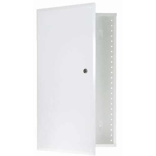 This 28" enclosure is the perfect solution for a basic structured wiring system. It features larger top openings that make pulling wire easier as well as additional knockouts, more side lances, and side tabs for more flexible mounting.  It includes a hing