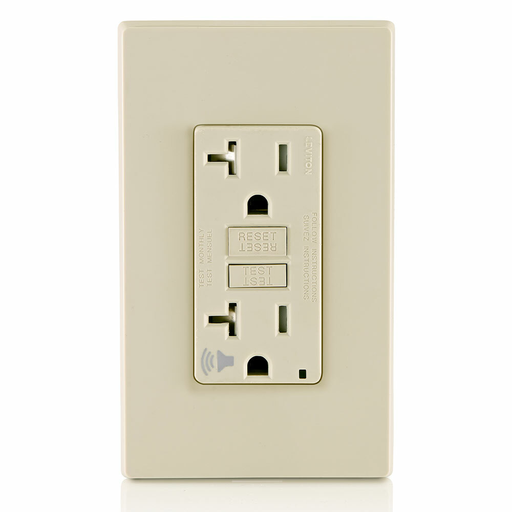 Audible Self-test Tamper Resistant GFCI Receptacle. Nema 5-20r 20a-125v @ Receptacle, 20A-125V Feed-through, Lighted, With Mounting Screws, Washers,  - Light Almond  W/Light Almond Test And Reset Button.