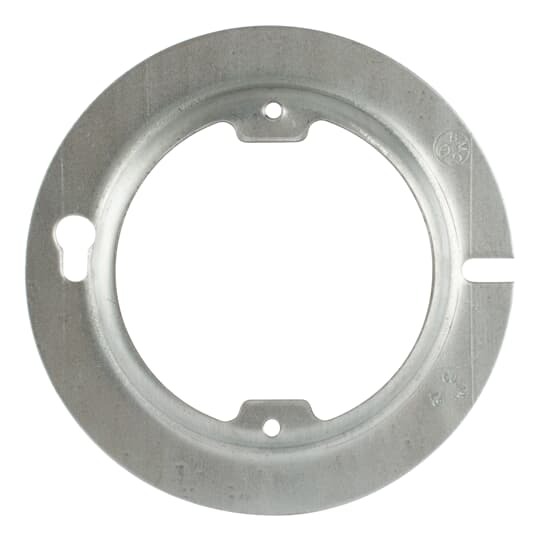 Octagon Box Cover, 1.5 Cubic Inches, 4 Inch Diameter x 1/4 Inch Raised, Galvanized Steel, Open Plaster Ring with Ears, Ears Tapped 8/32 - 2-23/32 Inches on Centers, Special Screw-Lock Feature in Slots