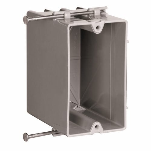 Single Gang, Deep Switch and Outlet Box with Captive Mounting Nails on Each End, Two Quick/Click Entries on Each End. It is a durable, impact-resistant thermoplastic boxand has innovative extras that cut installation time. Extra deep for dimmers, GFCI and thermostats, yet suitable for 2x4 construction. 100 pack.
