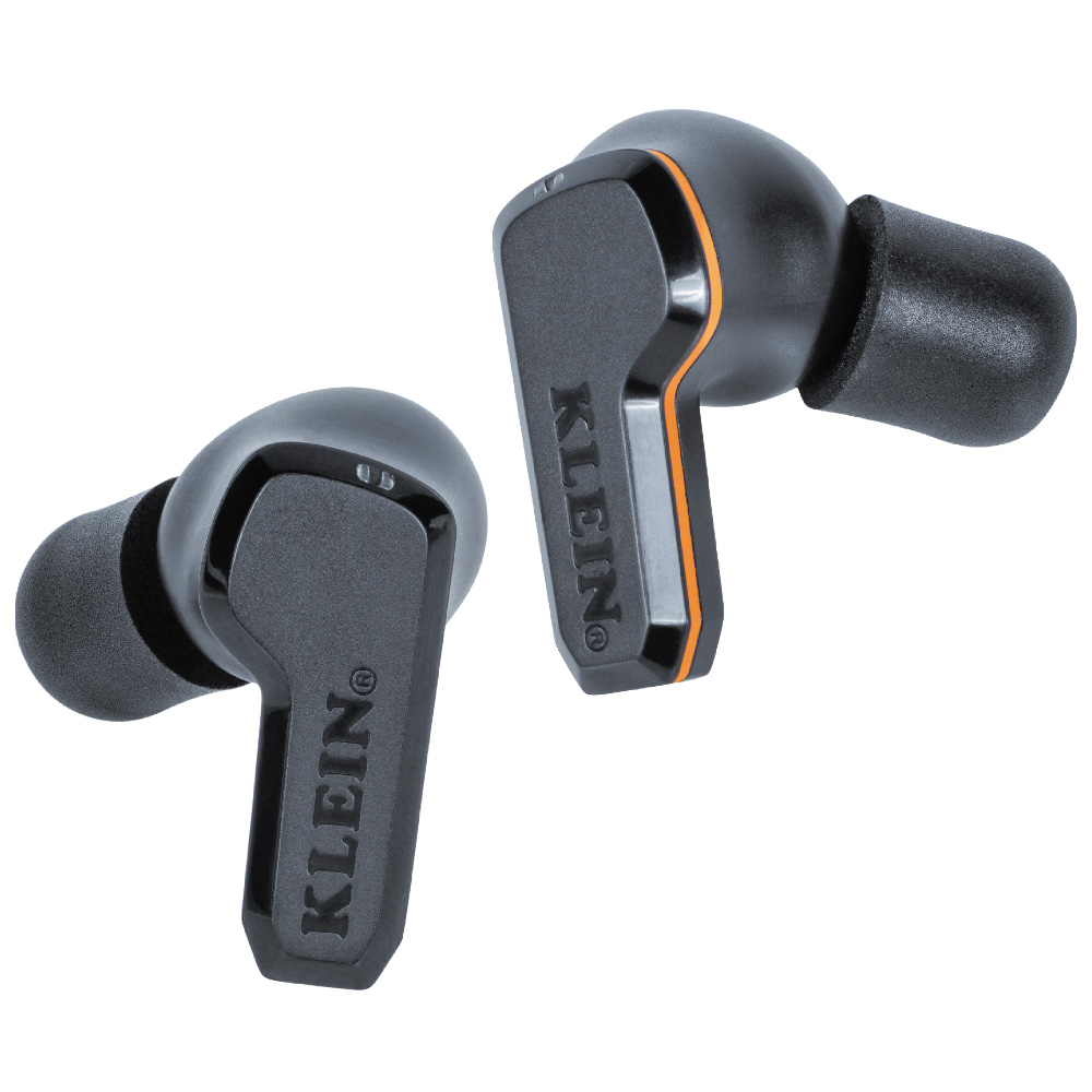 Klein Tools Cat. No. AESEB2 Elite Bluetooth Jobsite Earbuds effectively block out noise up to 25db while simultaneously delivering an impressive stereo audio experience with deep bass, detailed mids and crisp treble via Bluetooth 5.2 technology. Impact-resistant charging case up to 10 feet (3 m) not only supplies a full 24 hours of runtime but features a built-in LED screen to easily view the charge status of both the earbuds and case.