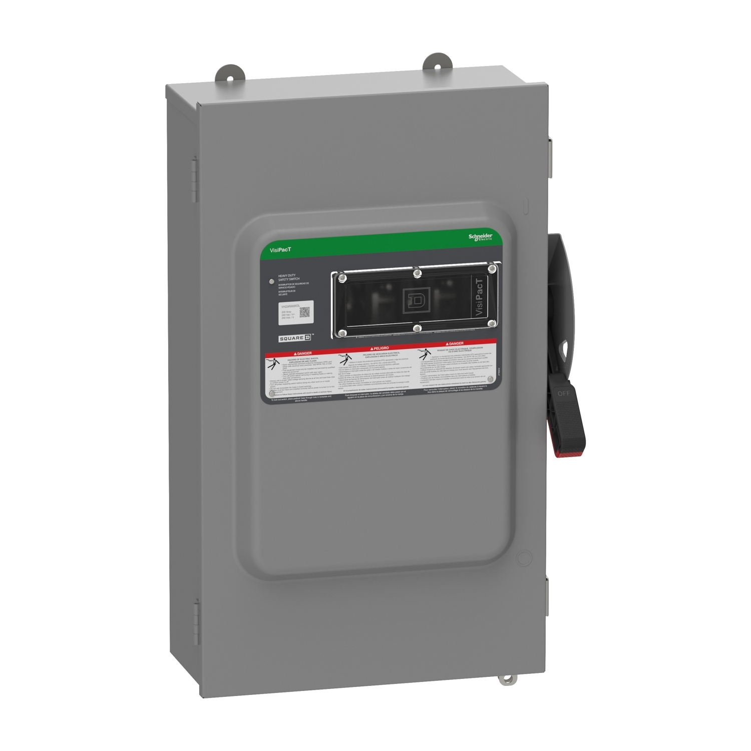 Safety switch, VisiPacT, heavy duty, fused, viewing window, NEMA 12, 240V, 200A, 2 pole, neutral installed, ground lugs