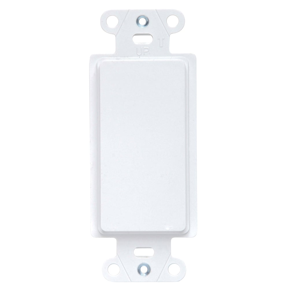 Mounting strap for blank insert. Box mounted. Changes decorator opening to blank. Polycarbonate Plastic. White.