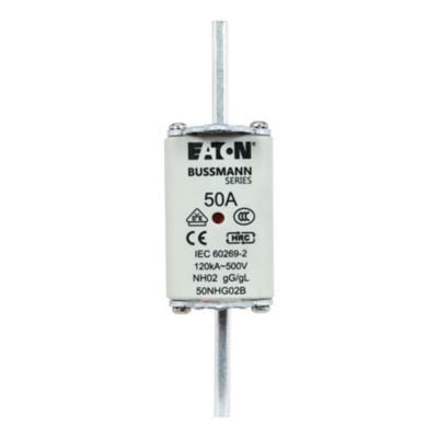 Eaton Bussmann series low voltage NH Fuse, Live gripping lug, 500V, 50A, 120 kAIC, Combination fuse status indicator, Blade end connection, Class C gL/gG, Square-body with knife blade contact